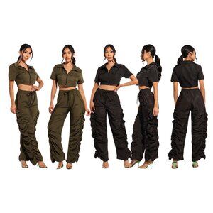🚀 Ruched Cargo Pants & Cropped Utility Shirt Set – Street Chic Vibes